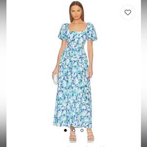 elliatt peggy blue floral print side cut out puff sleeve maxi sun dress small